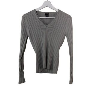 Guess V Neck Ribbed Long Sleeve Sweater Cropped Grey